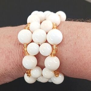 Vintage Cuff Bracelet Boho Mid-Century White Yellow Beads Statement